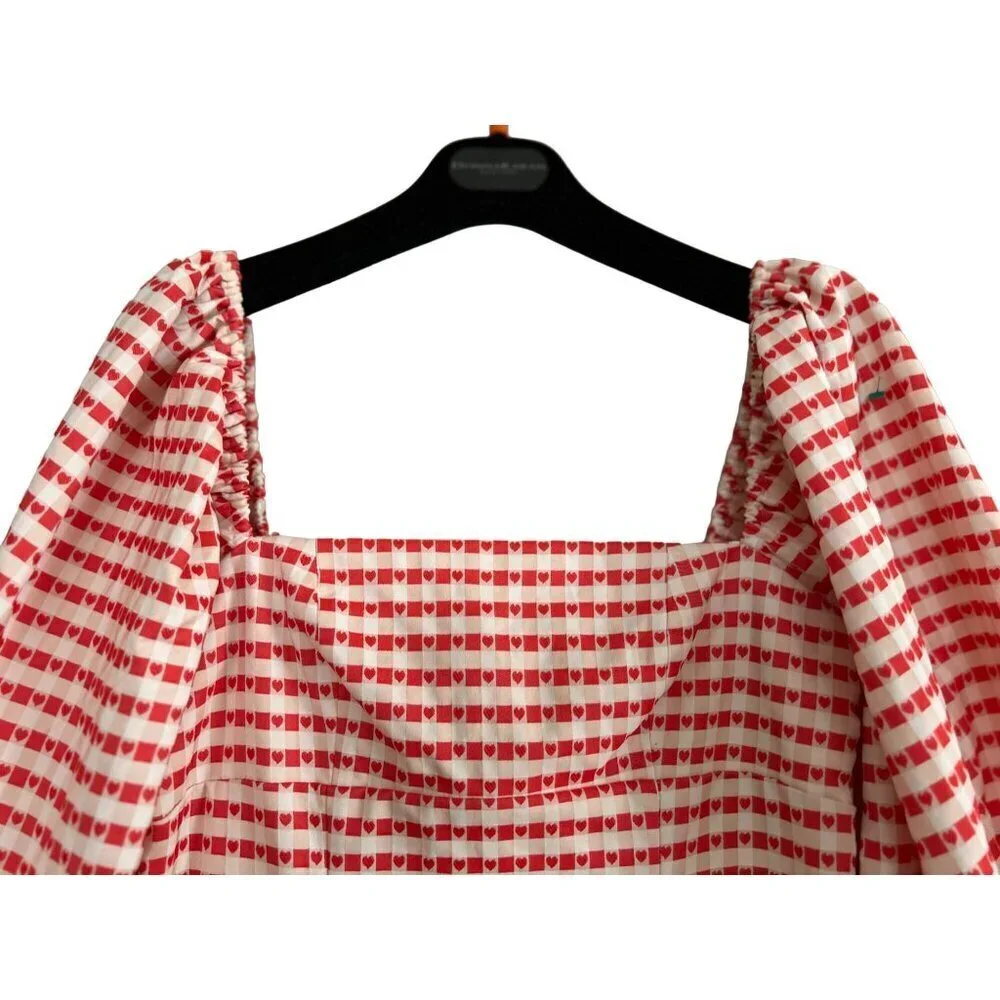 LPA Revolve Carly Dress Gingham Red Hearts Balloon Sleeves Lined Size Small